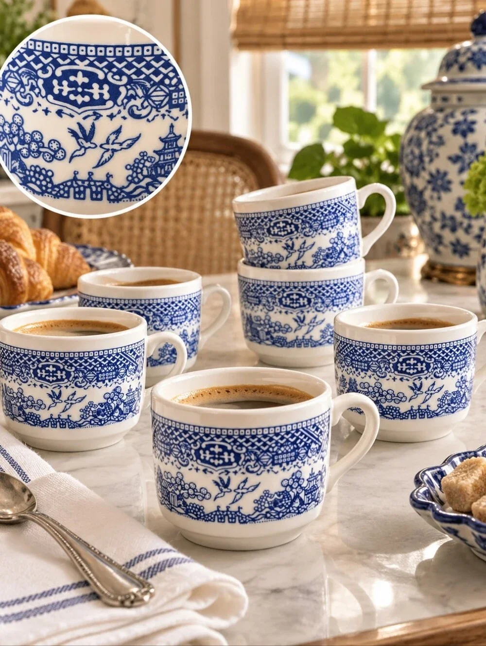 Vintage Blue Willow Espresso Tea Cups Set of 6 Made in USA Blue White